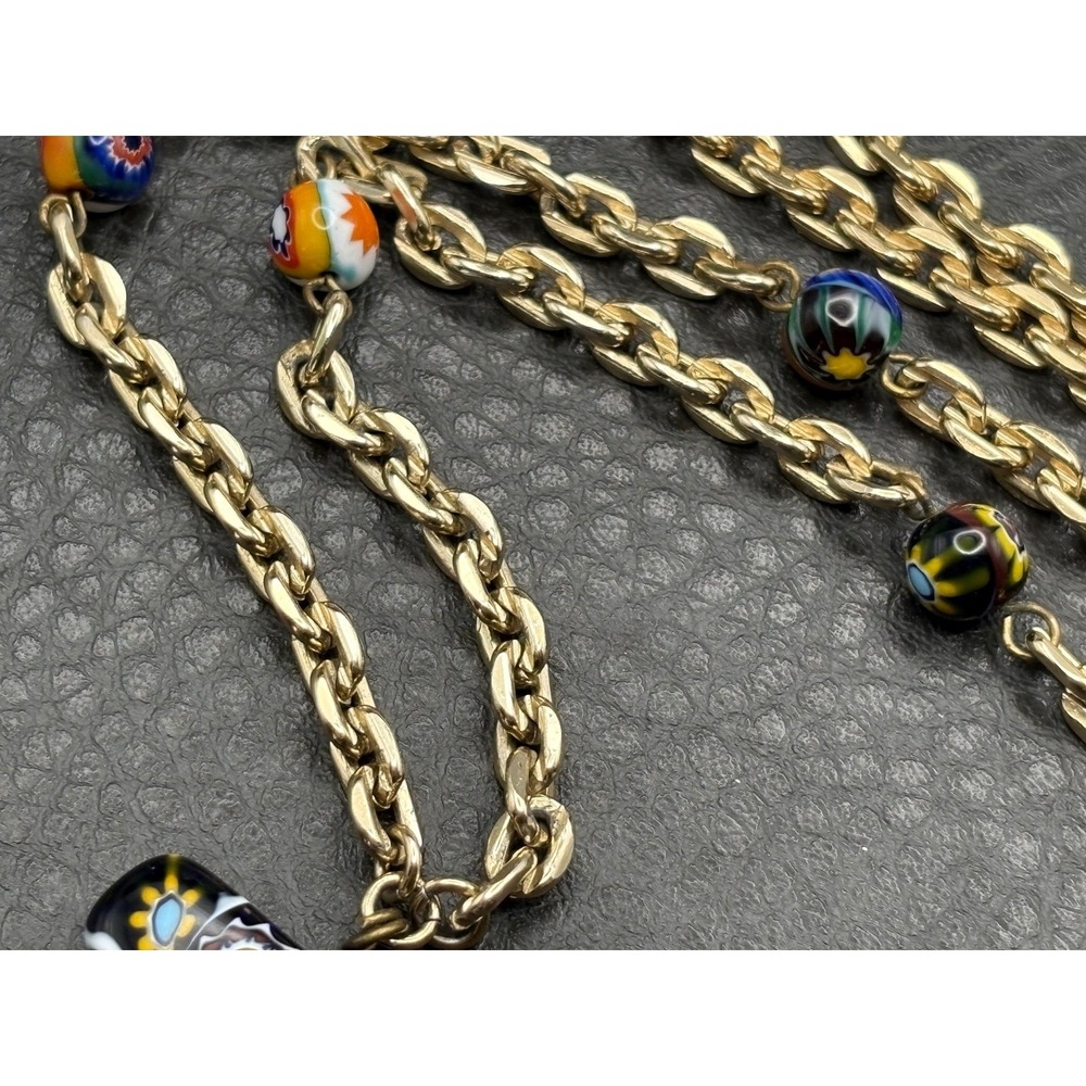 Vintage Millefiori Murano Large Pendant Necklace Gold Tone Chain 28" Long - Picture 5 of 12